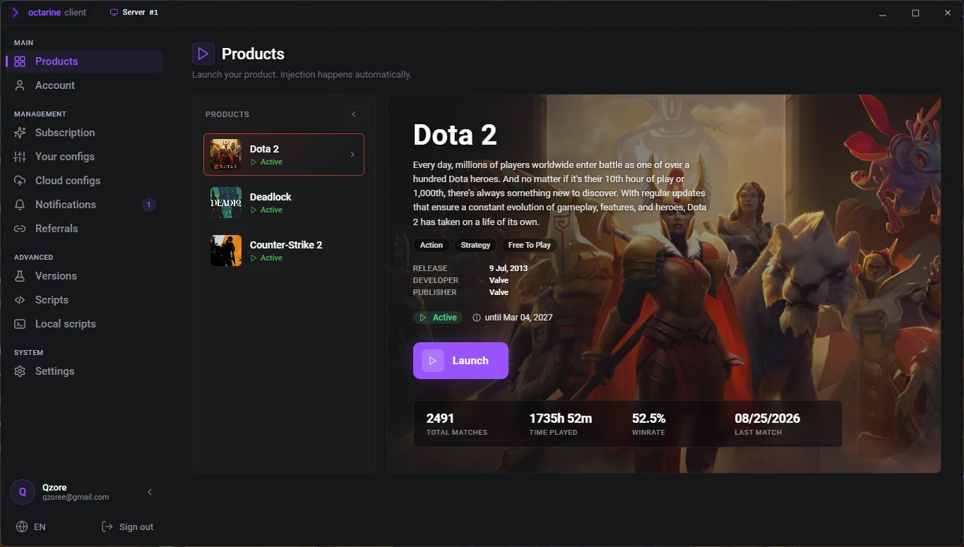 Клиент Octarine: боковое меню с разделами Products, Subscription, Your configs и Scripts, карточка Dota 2 с кнопкой Launch, статусом подписки и статистикой матчей
