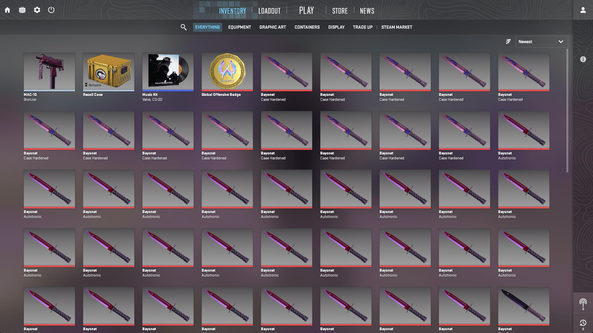 Инвентарь CS2, забитый ножами Bayonet, добавленными через Inventory Changer — каждый со своим шаблоном