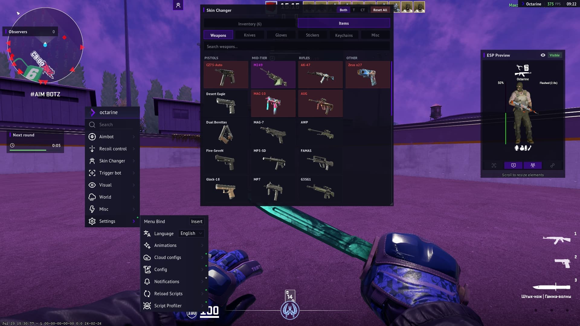 CS2 对局中的 Skin Changer 窗口，显示 Items 标签页与武器列表